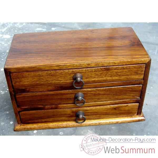 Coffret bois 3 tiroirs avec poigne anneau en fer Meuble d\'Indonsie -53200