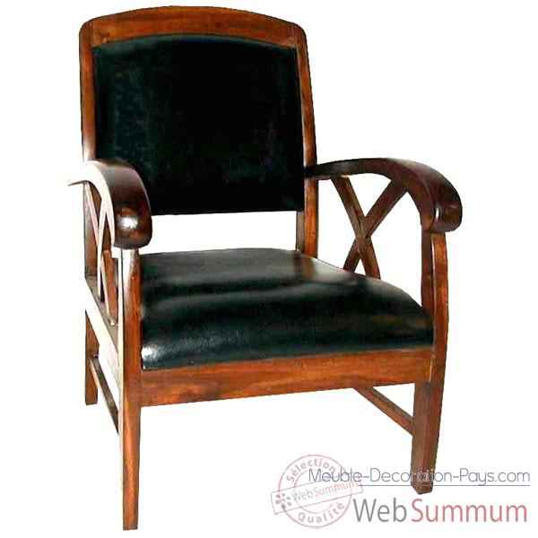Fauteuil cross avec assise en cuir noir Meuble d\'Indonesie -56411