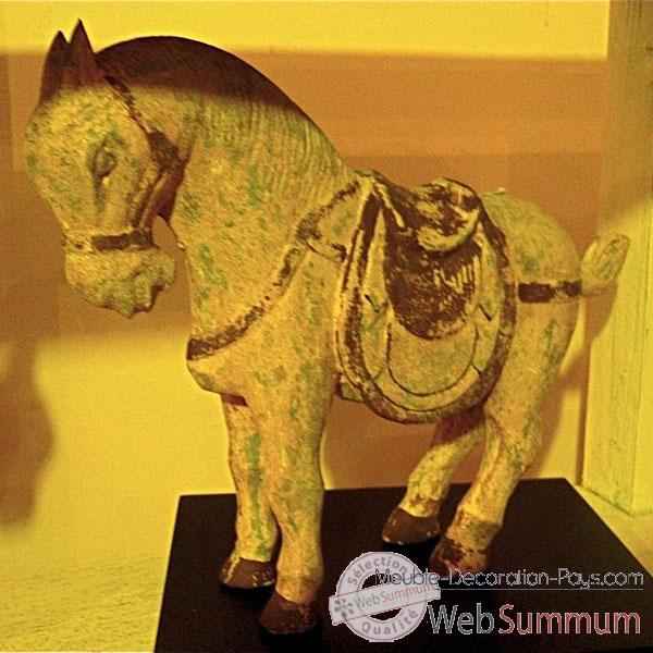 Sculpture cheval polychrome sur socle artisanat Indonsien -26998