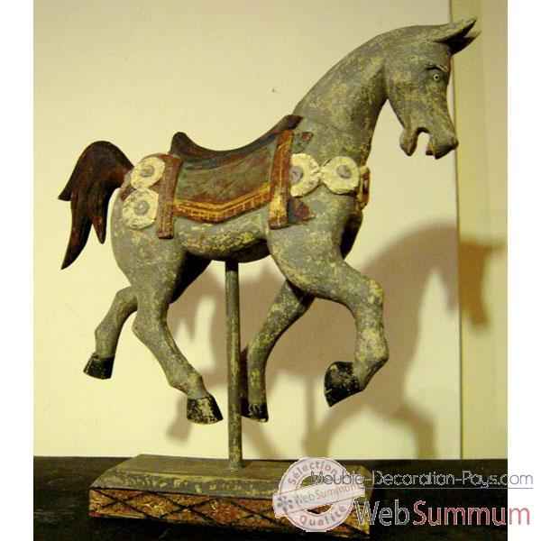 Sulpture cheval sur stick gris polychrome sur socle. artisanat Indonesien -27001