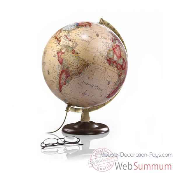 Globe Classic A4 - Globe lumineux - Cartographie de type antique - diam 30 cm - Pied noyer et méridien laiton