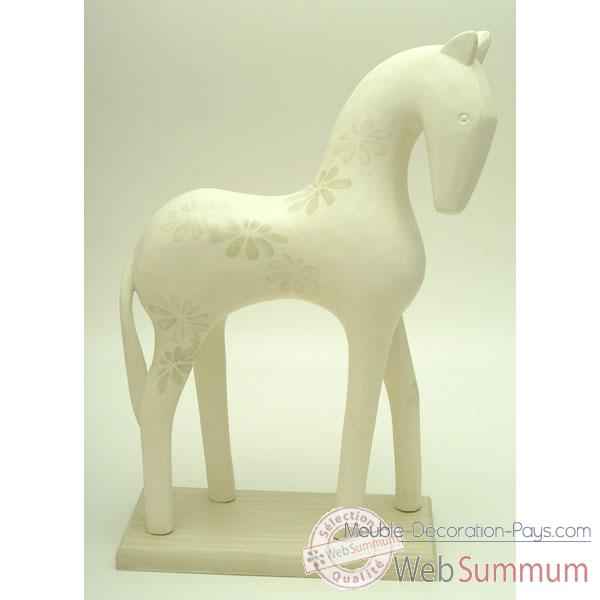 Sculpture de cheval en bois blanc impression fleurs artisanat Indonesien -13820