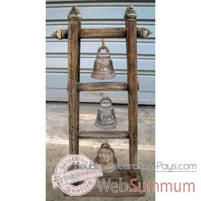 3 Cloches en bronze sur portique en bois de tek artisanat Thai -tai0812