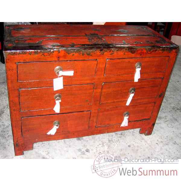 Commode 6 tiroirs rouge vieilli style Chine -CHN104