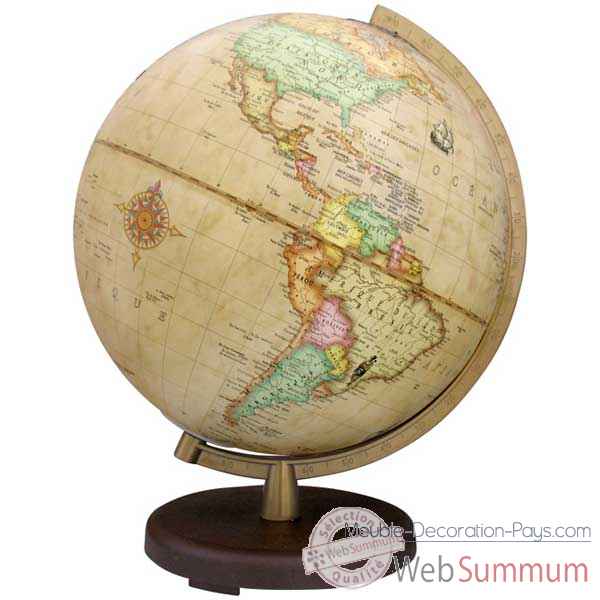 Globe geographique Terra lumineux - modele Terra - sphere 26 cm, meridien plastique dore-TR602613