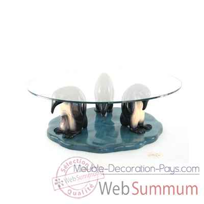 Table basse le trio de pingouins en resineux verre trempe, bord poli 100 cm Lasterne -MPI085-100