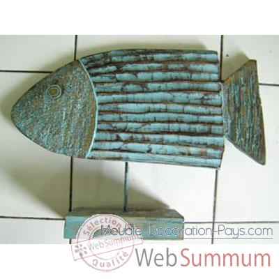 Sculpture poisson en bois, couleur vert ceruse sur socle artisanat Indonesien -33313