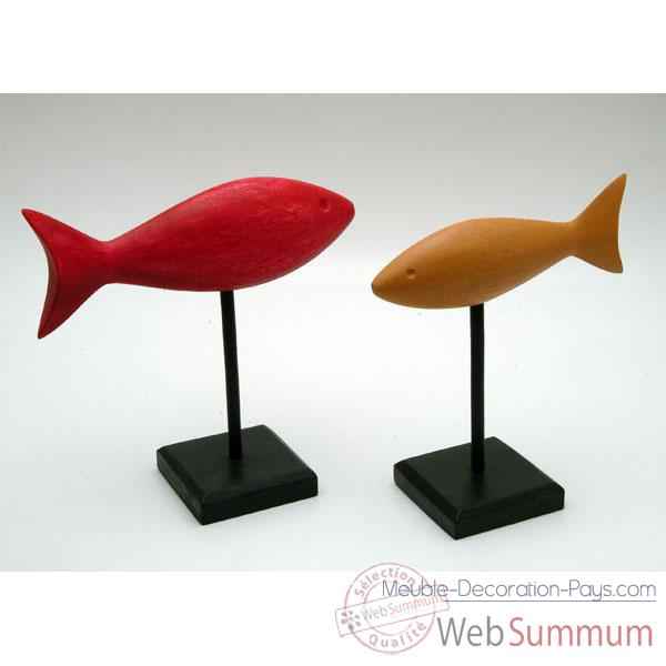 Set de 2 poissons bois polychrome sur socle artisanat Indonesien -13844