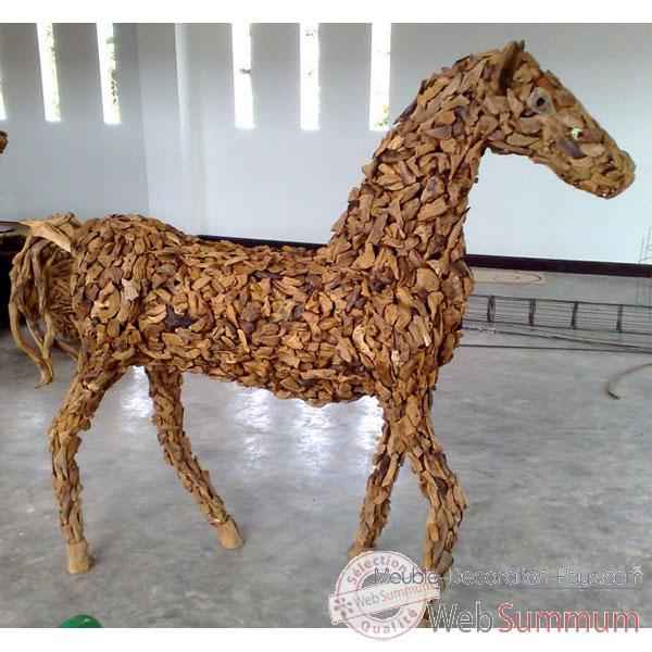 Sulpture de cheval avec des morceaux de bois vieux tek artisanat Thai -tai0787