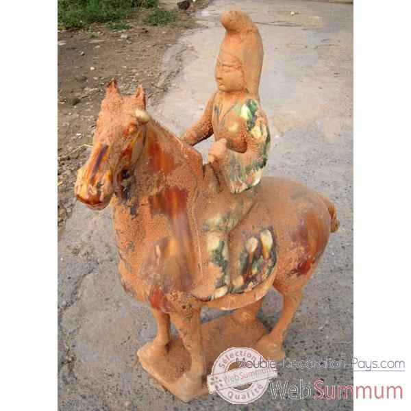 Sculpture cheval en terre cuite vernisse avec cavalier artisanat Chine -c66319