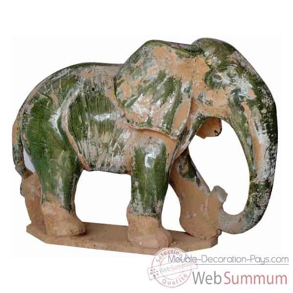 lephant en terre cuite vernisse couleur vert artisanat Chine -cer013